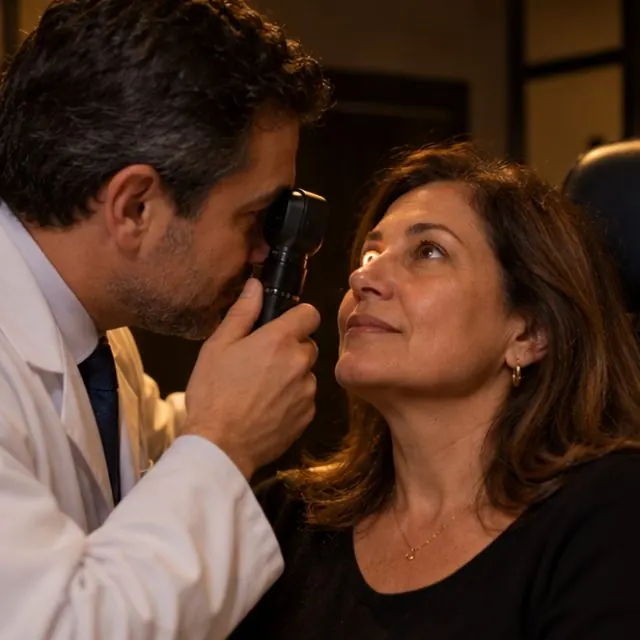 Exame de vista com médico: fundo do olho