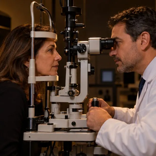 Exame de vista com médico: lâmpada de fenda e dilatação