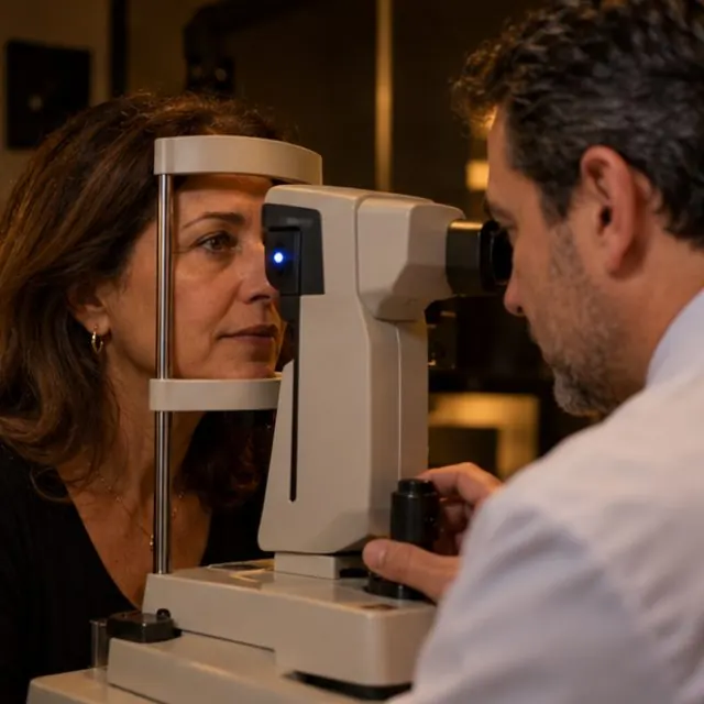 Exame de vista com médico: pressão do olho